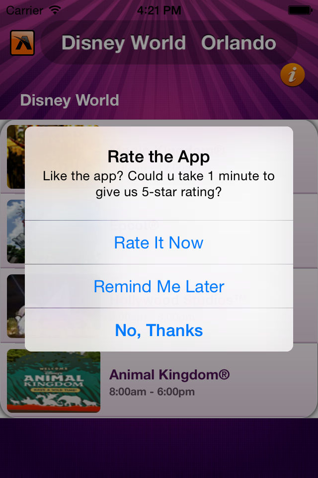 A popup window asking for a 5 star rating in the Disney World Orlando wait times app.