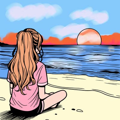 a girl watching the sunset on the horizon at ocean realistic
