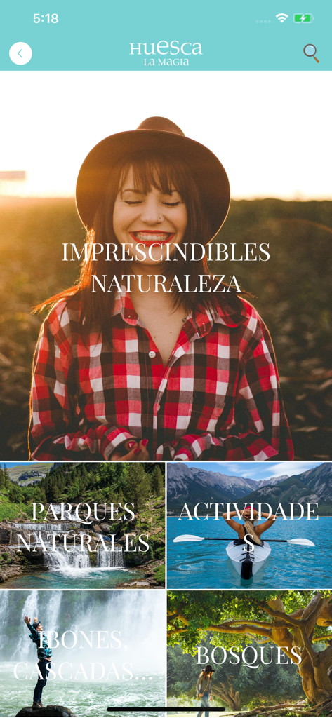 Huesca La Magia - Interfaccia dell'app Huesca La Magia che mostra le categorie natura e avventura