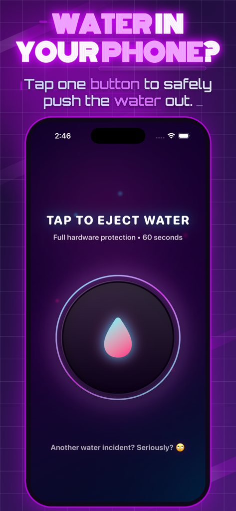 Water Eject | Speaker Cleaner - Water Eject app home screen with a neon cyberpunk theme featuring a central button to remove water from a phone