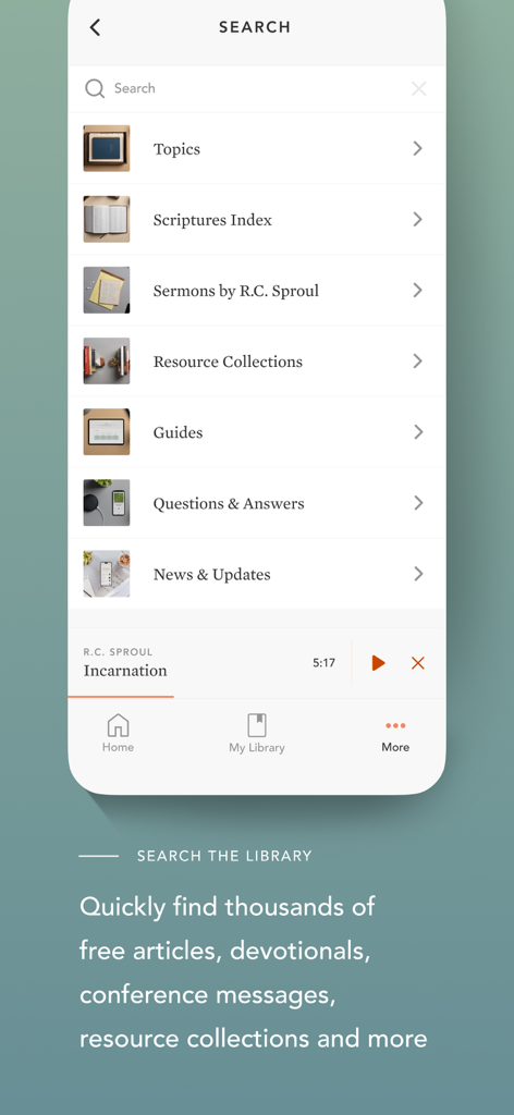 Ligonier Ministries - Search interface of the Ligonier app featuring theological categories and R.C. Sproul sermons.