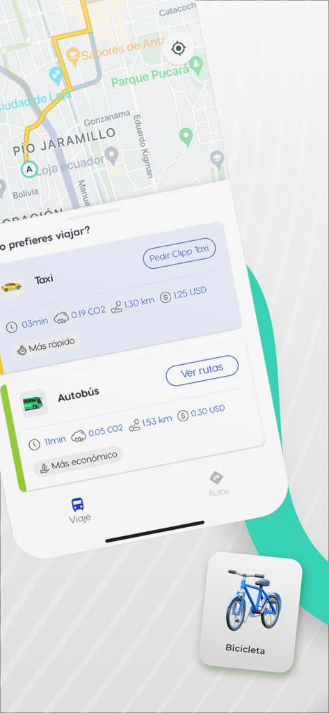 Clipp - Movilidad - Interface of the Clipp app comparing taxi and bus travel options with price and environmental impact details