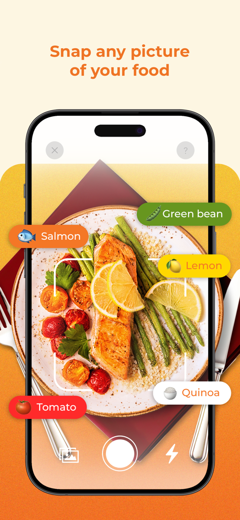 A smartphone interface using AI to identify ingredients in a salmon and vegetable meal from a photo.