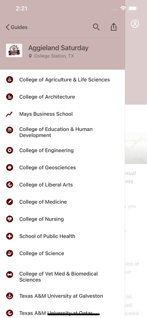 A menu listing various academic colleges within the Texas A M Admissions Guidebook app during Aggieland Saturday