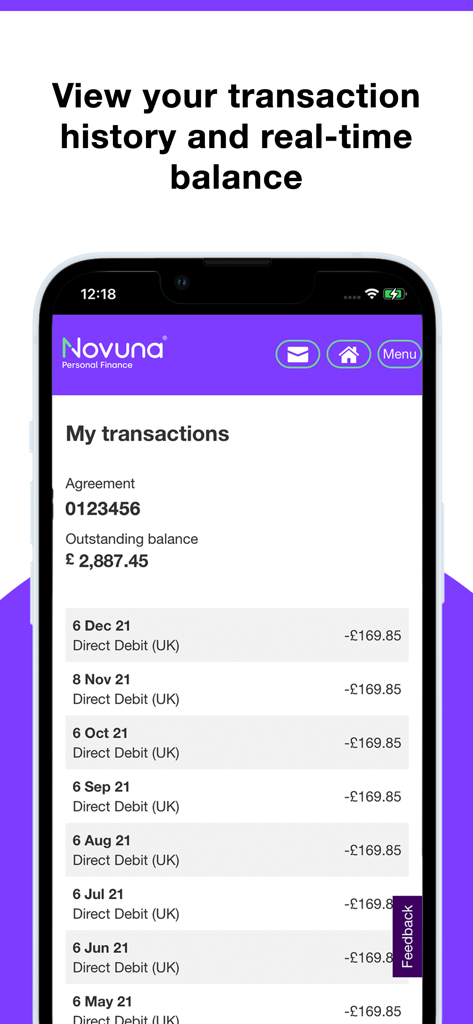 Novuna Personal Finance - Novuna Financiación Personal muestra el historial de transacciones y el saldo del préstamo pendiente en un teléfono móvil.