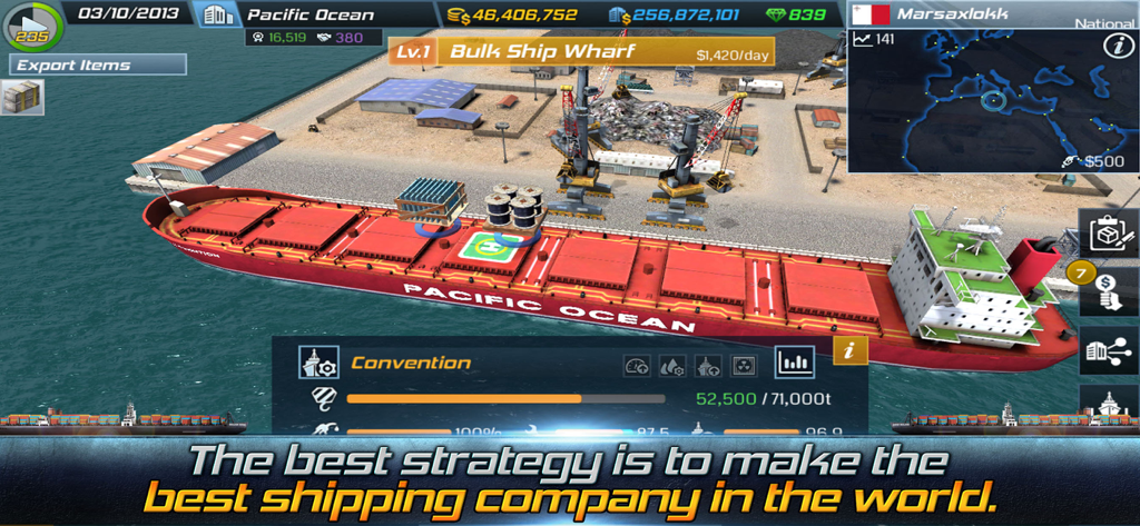 Ship Tycoon. - Gameplay view of a large red cargo ship docked at a wharf in Ship Tycoon.