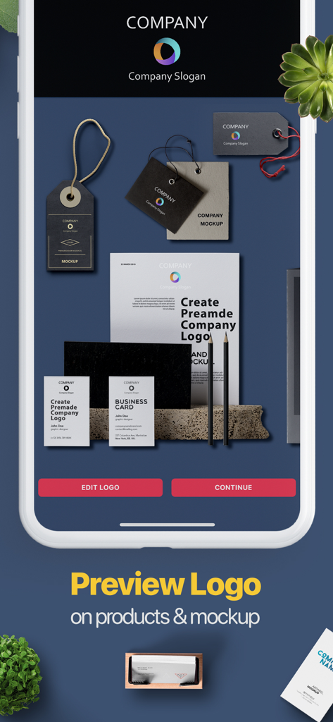 AI Logo Maker & Name Generator - A mobile phone screen showing various logo mockups on business cards, price tags, and stationery to preview a brand design.