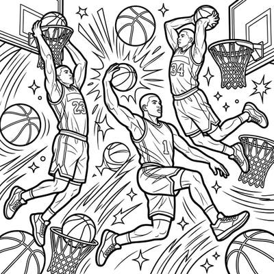 Experience the thrill of the court with this action-packed coloring page featuring dynamic basketball slam dunkers. Capture the energy of the game as players soar through the air to score epic baskets.