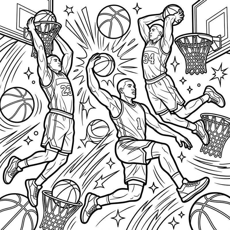 Experience the thrill of the court with this action-packed coloring page featuring dynamic basketball slam dunkers. Capture the energy of the game as players soar through the air to score epic baskets.