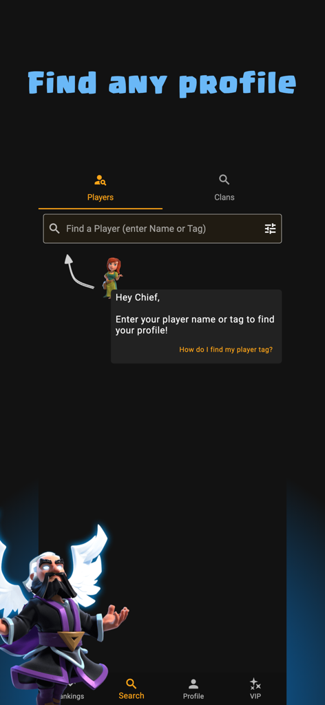 Clash of Stats - Interface de recherche de l'application Clash of Stats pour trouver des profils de joueurs et de clans avec une barre de recherche et un guide de caractères.