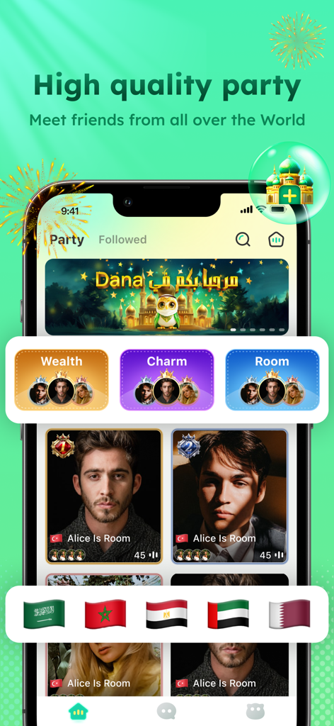 Dana-Group Voice Chat Rooms - Interface of Dana app showing voice chat rooms and global community features.