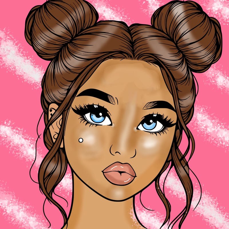 realistic girl with two buns on her hair and lips