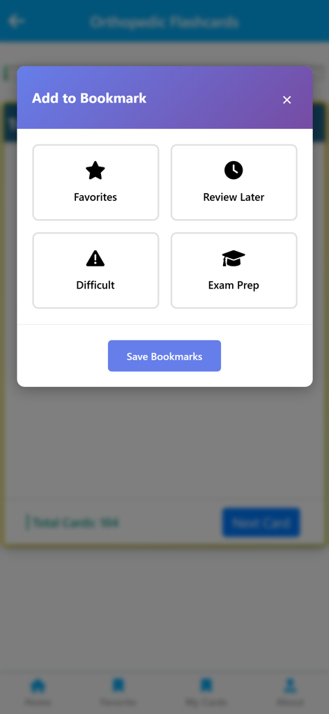 Orthopedic Flash Cards & Notes - Interfaz que muestra categorías de marcadores que incluyen Favoritos, Revisar más tarde, Difícil y Preparación para el examen para tarjetas de estudio de ortopedia.