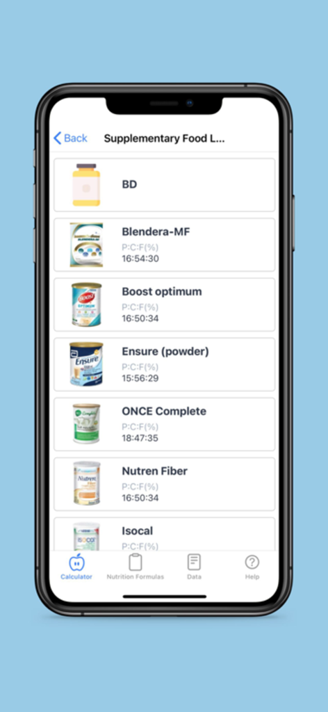 Nutri-Calculator app screen displaying a list of supplementary food products and their macronutrient ratios