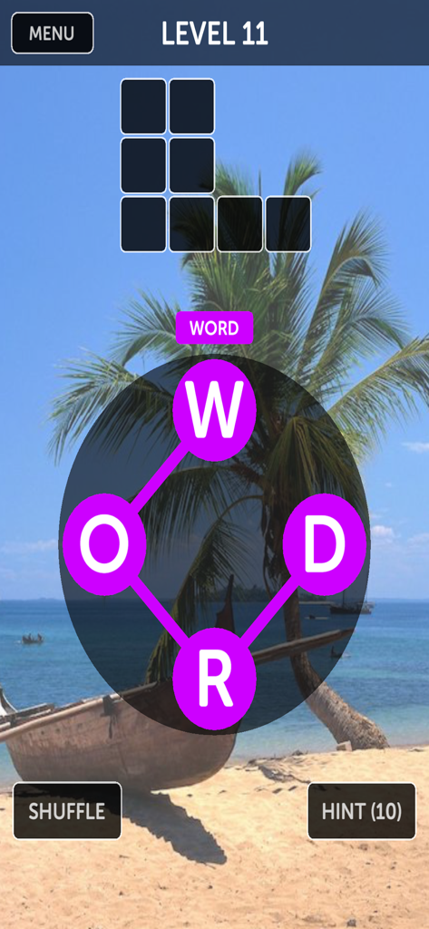 Livello del gioco mobile Word Circle che mostra lettere collegate per formare una parola su uno sfondo di spiaggia