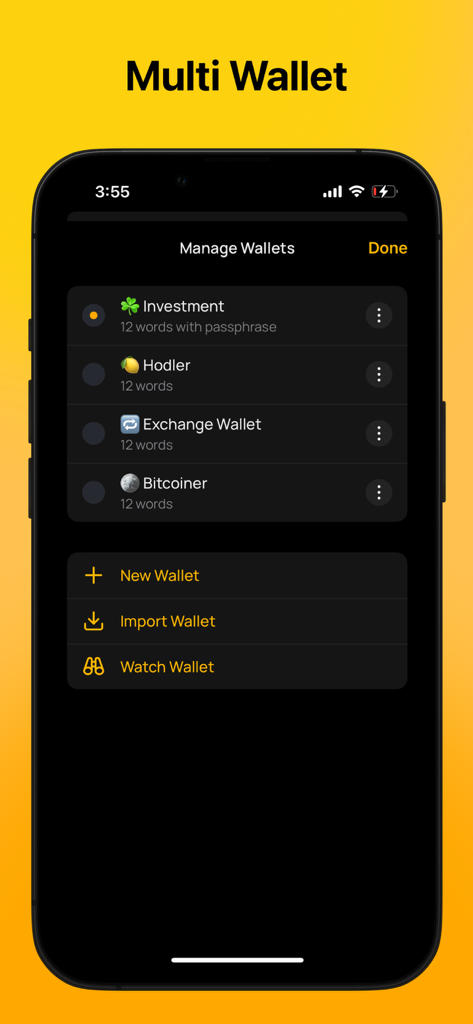 アンストッパブル・クリプトウォレットアプリのインターフェース。異なるウォレットタイプの作成、インポート、管理オプションを表示するマルチウォレット管理画面。