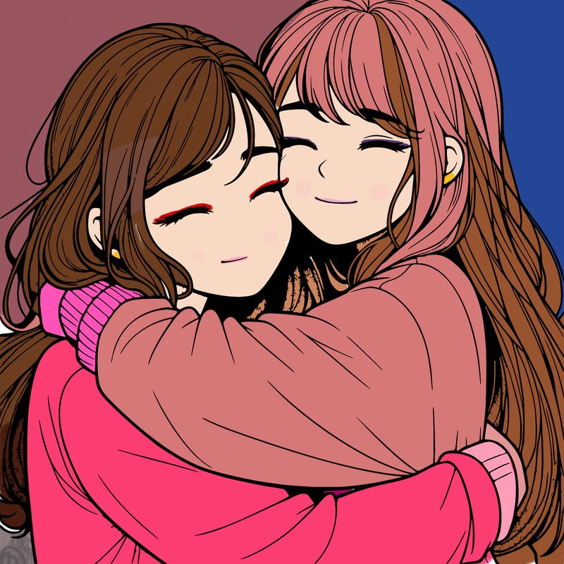 realistic two girls hugging