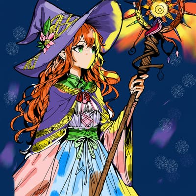 a realistic fantasy manga witch with a staff
