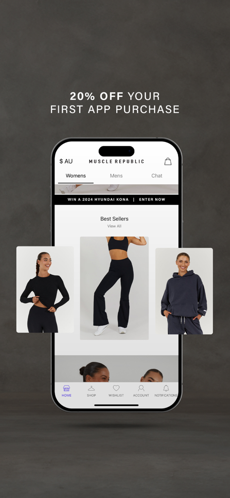 Muscle Republic shopping app interface displaying best selling activewear and a twenty percent off first purchase promotion
