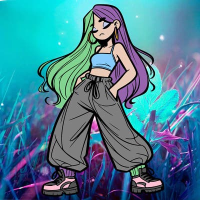 girl in baggy pants crop top and long hair