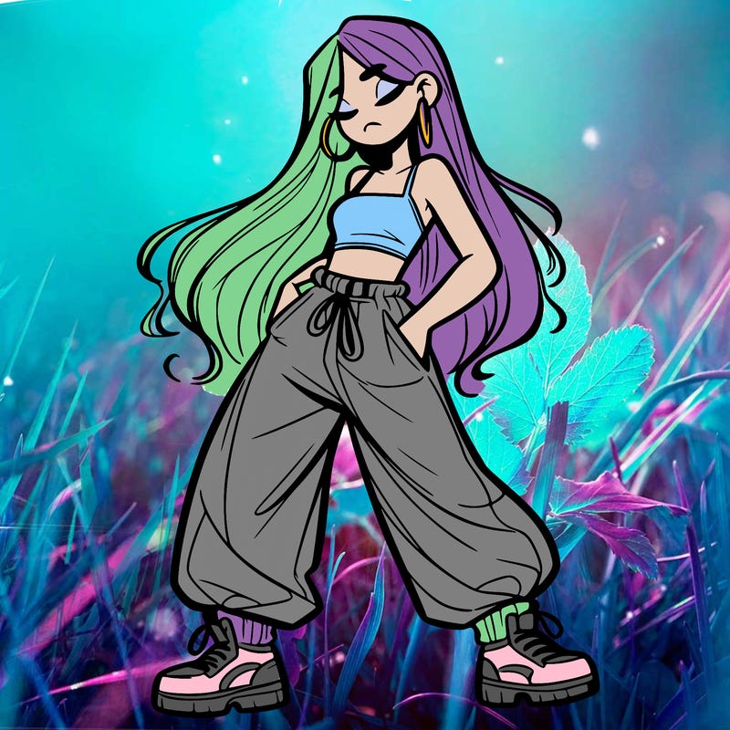 girl in baggy pants crop top and long hair