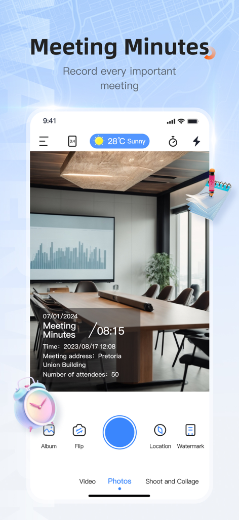 Timestamp camera - gps cam - Uma interface de smartphone mostrando um modelo de marca d'água de ata de reunião com localização GPS e carimbo de data/hora em uma foto de uma sala de conferências.