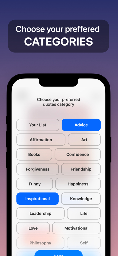 Widget Quotes - Smartphone screen showing a list of quote categories like Advice and Inspirational in the Widget Quotes app