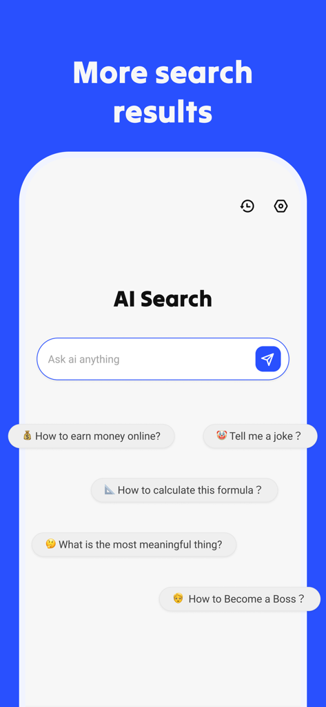 Interfaz de la aplicación AI Chatting que muestra la función de búsqueda de IA con varias indicaciones del usuario como cómo ganar dinero y cómo calcular fórmulas