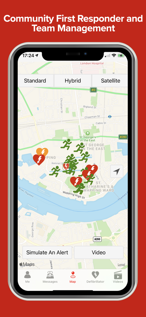 Interface of the GoodSAM Responder app showing a map with real-time locations of first responders and defibrillators