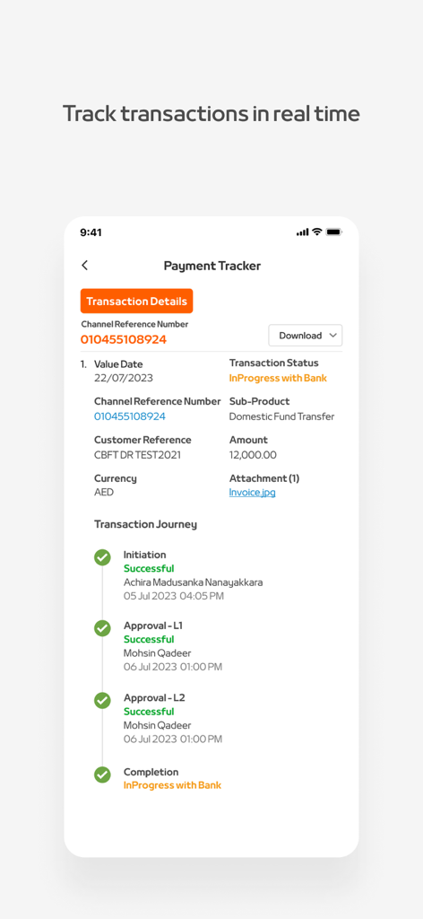 Mashreq NEO CORP - Interface de l'application Mashreq NEO CORP affichant un suivi de paiement détaillé et l'état du parcours de transaction.