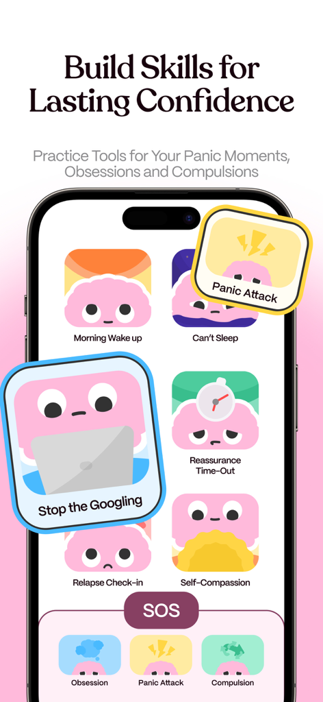 OCD Support App - ObsessLess - ObsessLessアプリのインターフェース。パニック発作と強迫観念のためのOCDサポートツールを表示しています。