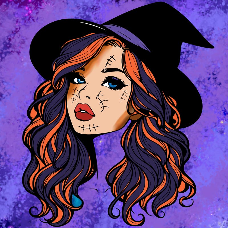 realistic witch girl with wavy hair and lips