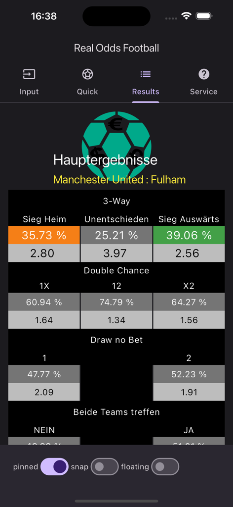 Una captura de pantalla de la aplicación Real Odds Football que muestra las probabilidades y cuotas de apuestas calculadas para un partido entre Manchester United y Fulham