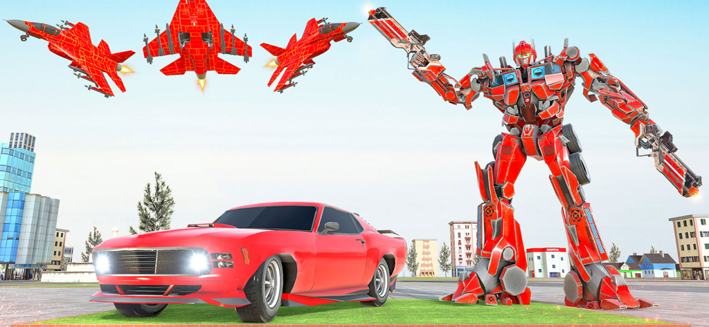 Giant red robot and sports car with fighter jets in a city