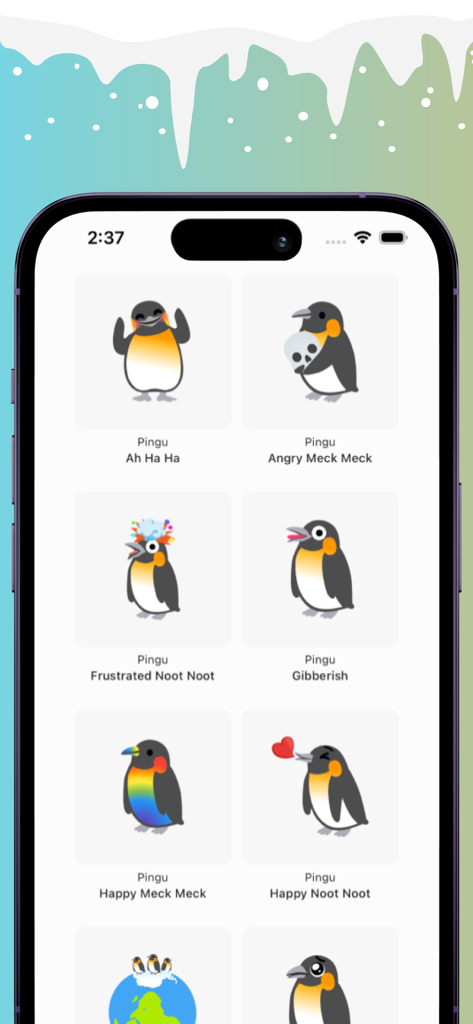 Pinguin Soundboard app interface on an iPhone displaying various Pingu character sound effects like Noot Noot and Meck Meck