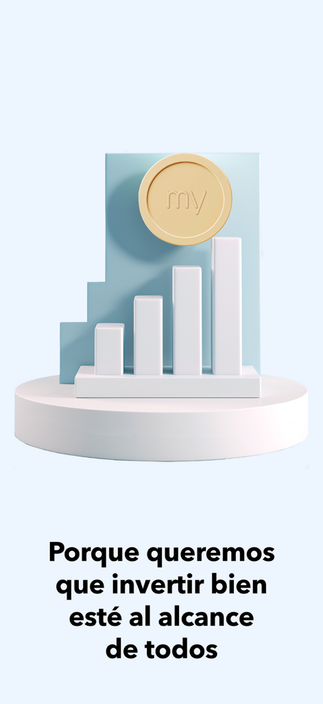 MyInvestor · Banco & Inversión - 金貨と、「投資をうまく行うことを誰もが達成できるようにしたい」というスペイン語のテキストが表示された、上昇する3D棒グラフ。