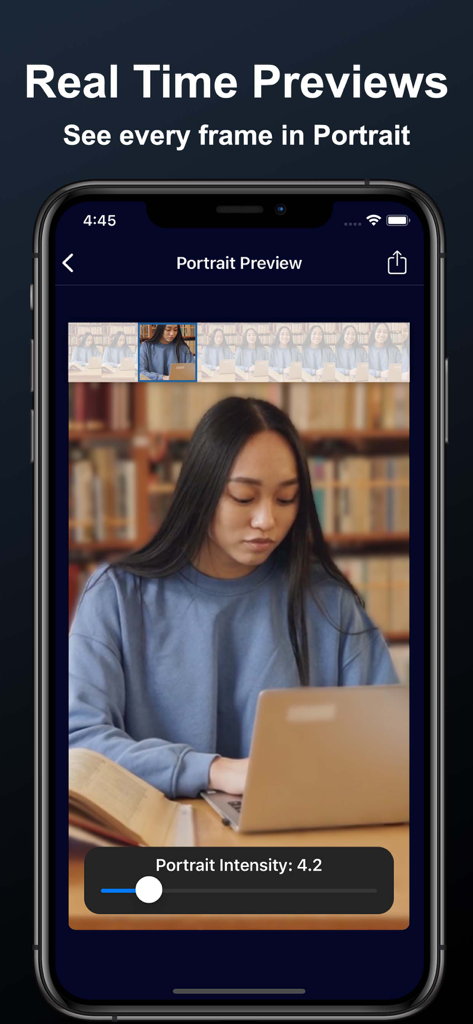 Portrait Video - Blurry Effect - Interface of the Portrait Video app showing a real-time preview of a blurred background effect on a video of a person in a library.
