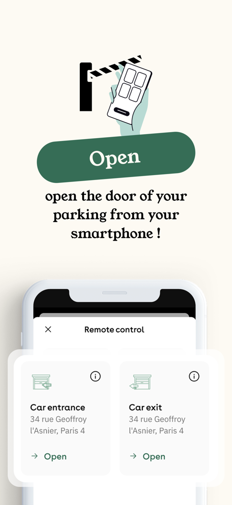 Una interfaz de smartphone que muestra la aplicación Zenpark con opciones para abrir de forma remota una entrada y salida de garaje de estacionamiento.