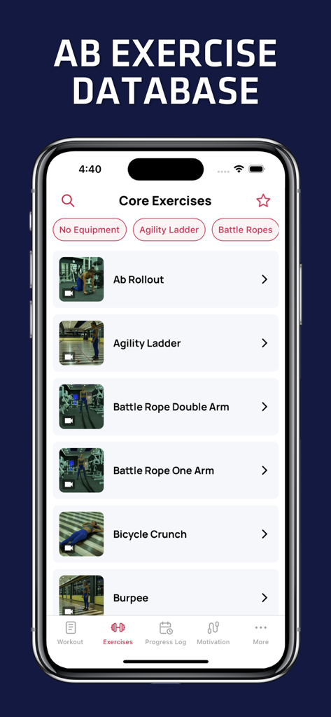 Interfaz de la app Rutina de Core y Abdominales para Mujeres mostrando una lista de ejercicios de core, incluyendo Ab Rollout y Bicycle Crunch, con miniaturas de video.