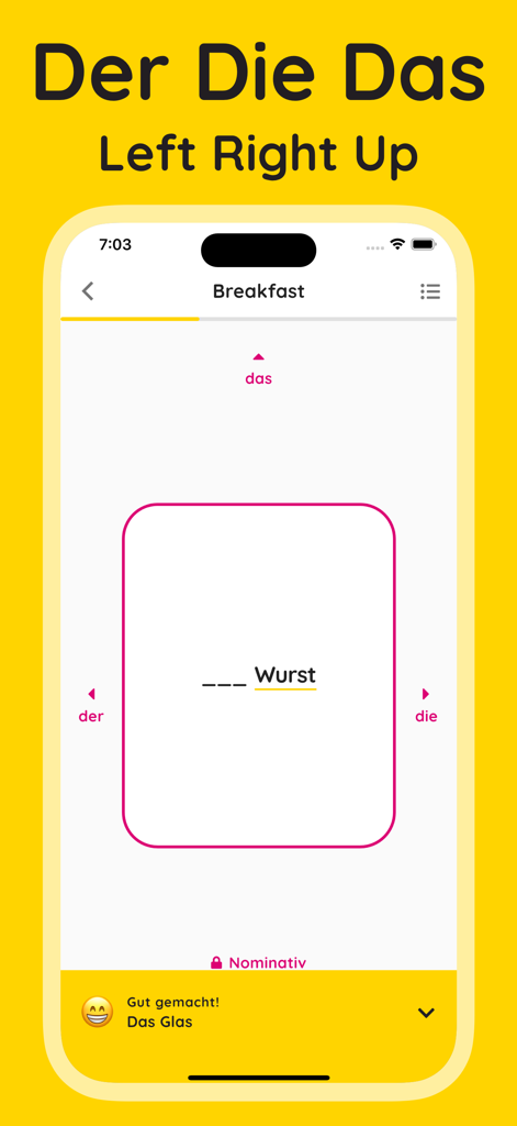 Grammapp: German Grammar - A mobile app interface showing the swipe to learn mechanic for German articles der die and das