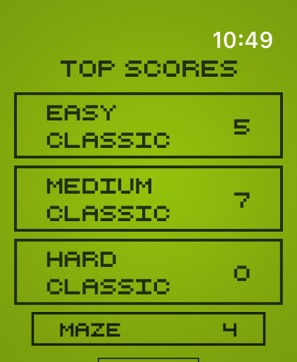 Snake - Classic - Top scores screen of the Snake Classic game with high scores for different difficulty modes on a green background.