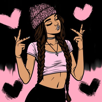realistic teenage girl with braids and a beanie and crop top doing 🫶🏼