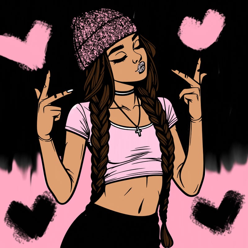 realistic teenage girl with braids and a beanie and crop top doing 🫶🏼