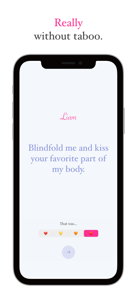 Una pantalla móvil de la aplicación Cherry que muestra un desafío de intimidad y botones de reacción para parejas