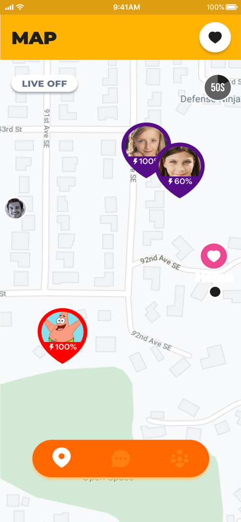 NickWatch: Parent App - Mapa localizador GPS no app NickWatch mostrando localizações em tempo real e vida útil da bateria de várias crianças