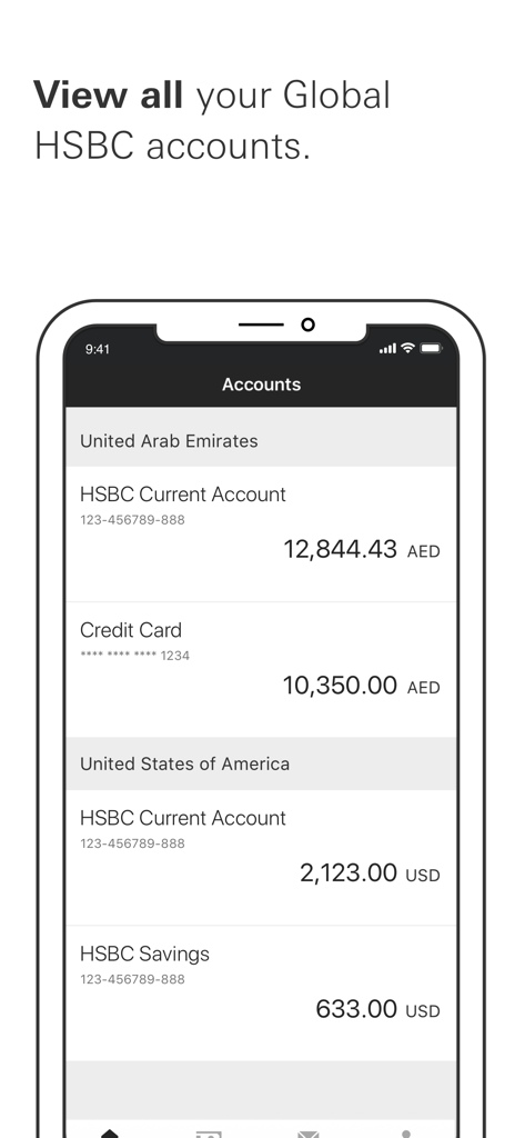 Ein mobiler Bildschirm der HSBC UAE App, der Kontostände sowohl in VAE-Dirham als auch in US-Dollar zeigt.