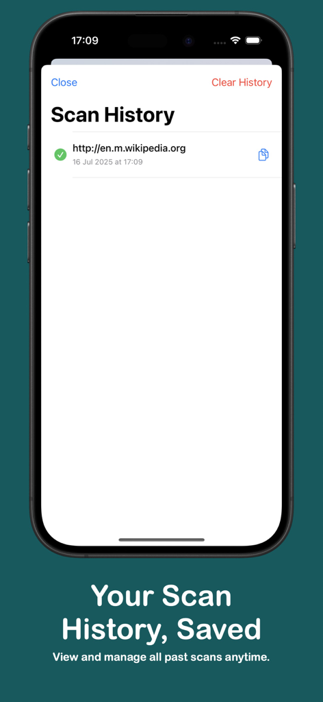 qr code reader & scanner + - Tela do iPhone mostrando a seção Histórico de Digitalizações do aplicativo leitor de código QR com um link salvo da Wikipedia