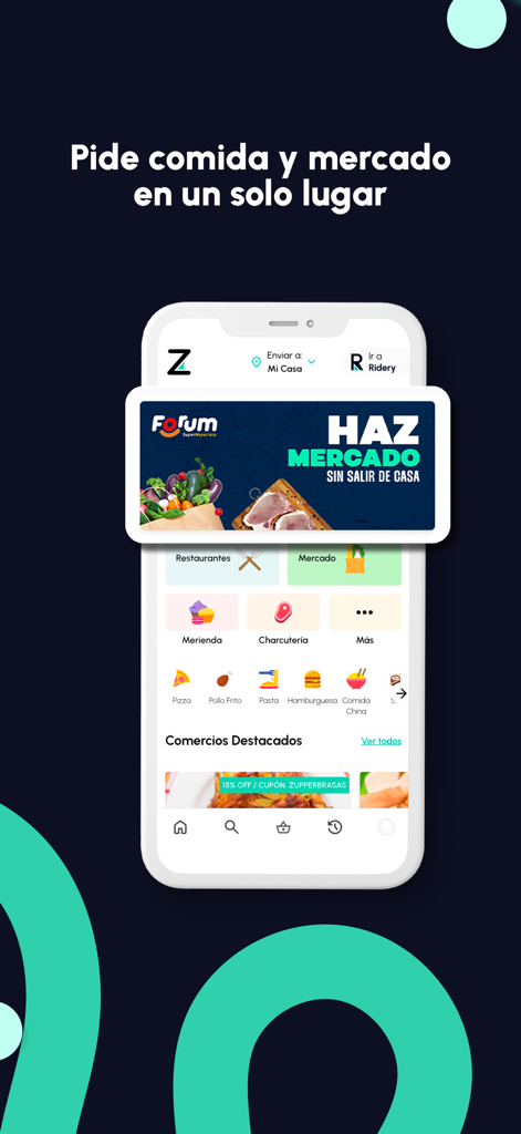 Ridery: Safety rides - Mobile interface of Ridery app showing food and grocery delivery services in Venezuela