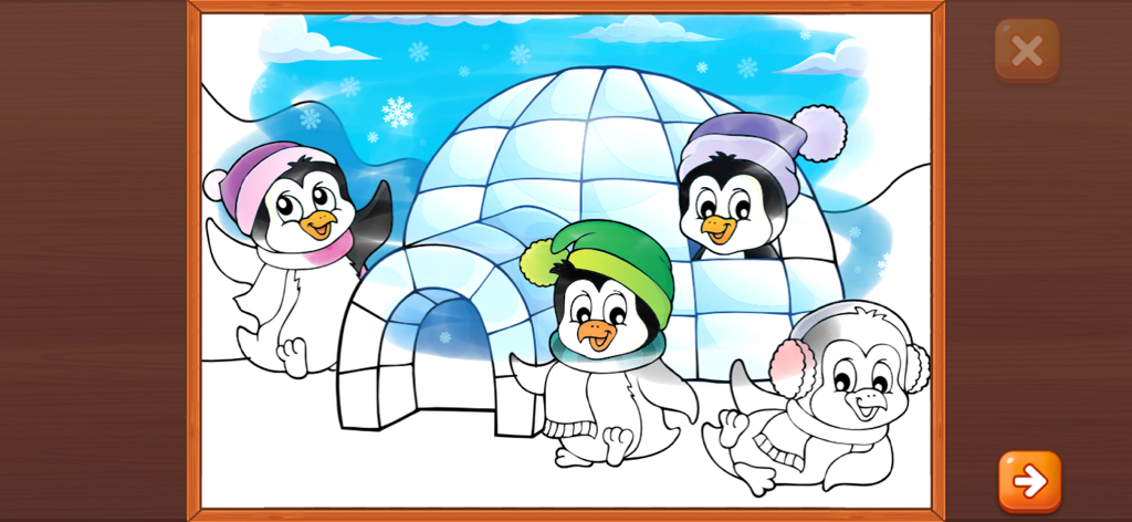 Uma página de livro de colorir digital com quatro pinguins de desenho animado fofos e um iglu em um cenário nevado