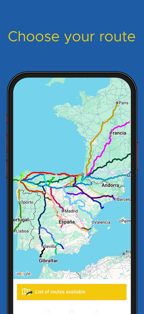 Buen Camino de Santiago App - A map showing multiple colorful pilgrimage routes across Spain, Portugal, and France in the Buen Camino app.